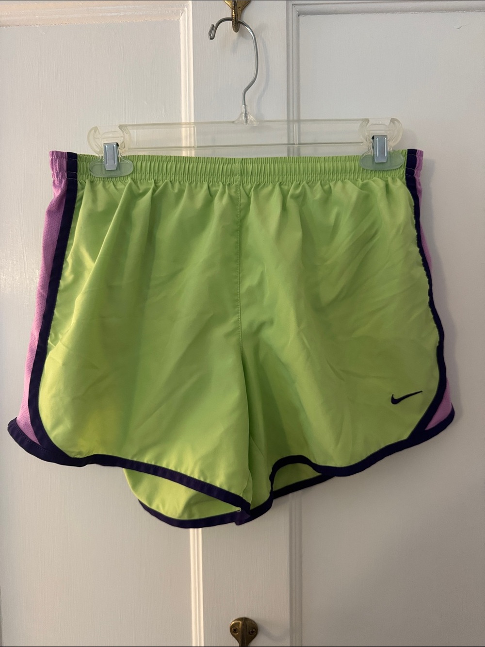 Nike Women's Lime Green Running Shorts with Purple Trim